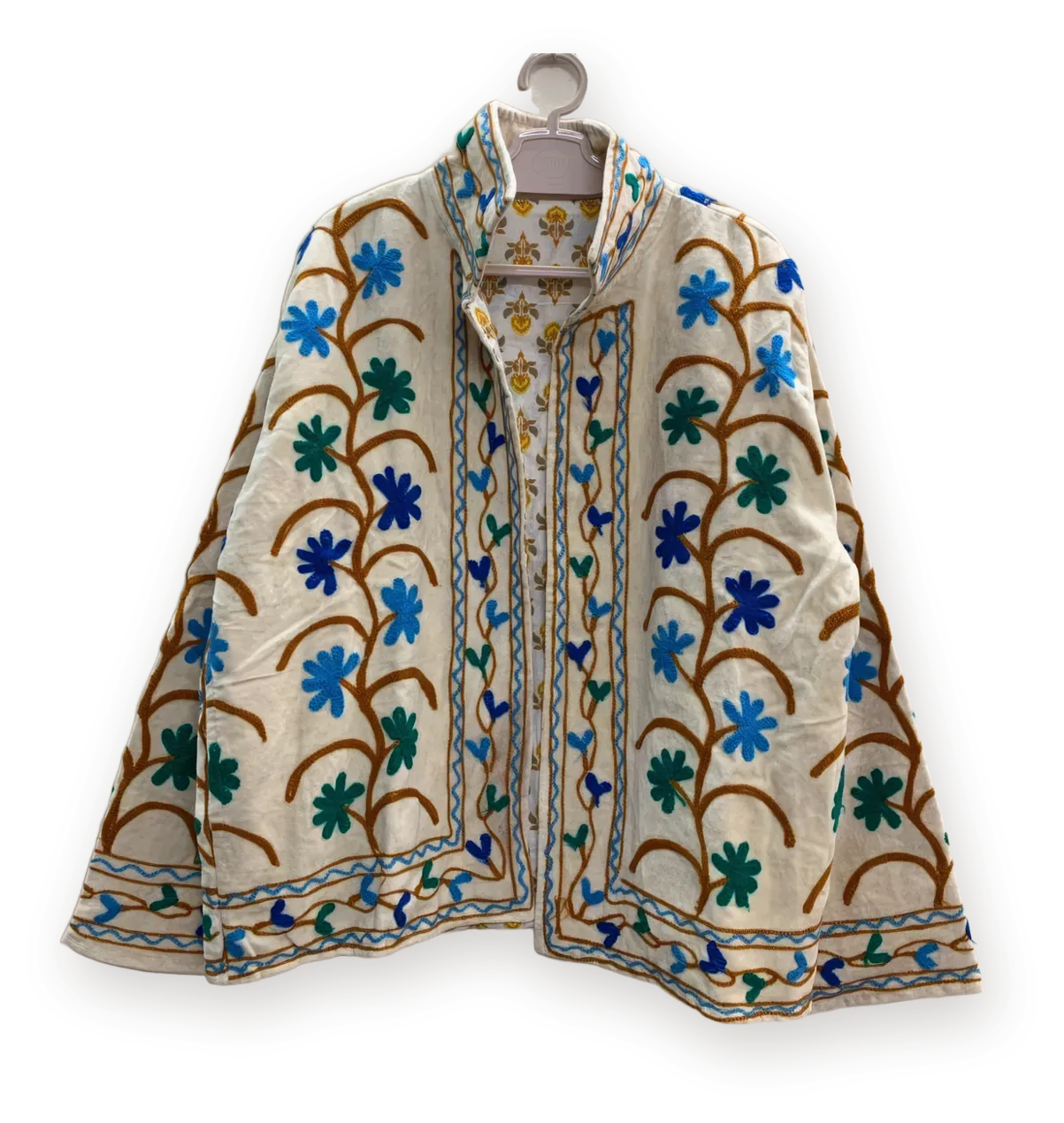 Chaqueta Crema con azul, con su otra cara con estampado amarillo a la vista en la abertura